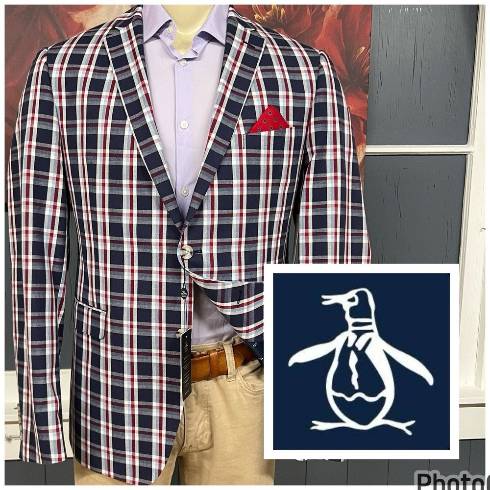 Penguin Suit Top Blazer Jacket Sport Coat Mens 44L Long‎ Skinny Fit Cotton Check